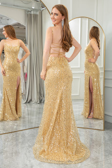 Golden Mermaid Spaghetti Straps Sequin Prom Dress With Slit