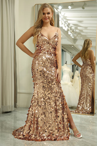 Sparkly Golden Mermaid Spaghetti Straps Sequin Prom Dress With Slit