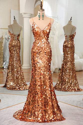 Sparkly Rose Golden Mermaid Spaghetti Straps Sequin Prom Dress With Slit