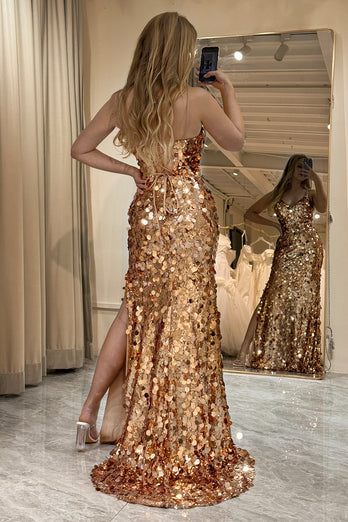 Sparkly Mermaid Spaghetti Straps Golden Sequin Prom Dress With Slit