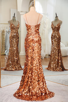 Sparkly Rose Golden Mermaid Spaghetti Straps Sequin Prom Dress With Slit