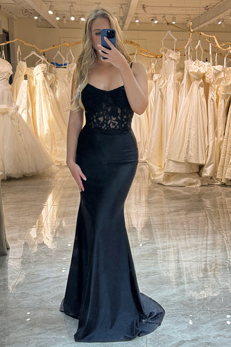 Mermaid Spaghetti Straps Black Corset Prom Dress With Appliques