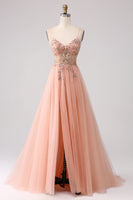Load image into Gallery viewer, Sparkly Blush Tulle A Line Prom Dress with Beading