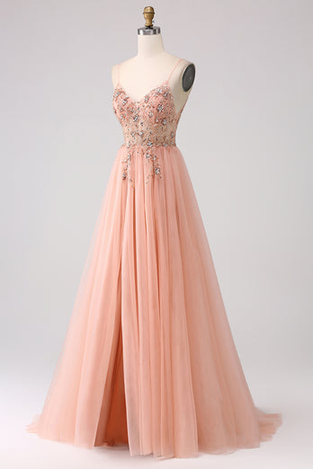 Sparkly Blush Tulle A Line Prom Dress with Beading