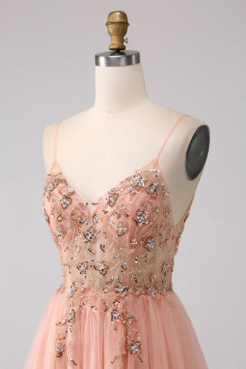 Sparkly Blush Tulle A Line Prom Dress with Beading