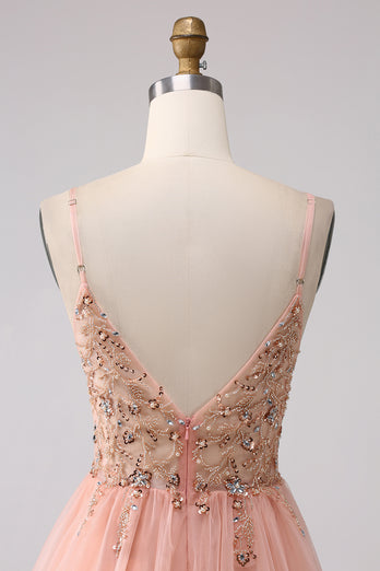 Sparkly Blush Tulle A Line Prom Dress with Beading