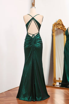 Dark Green Spaghetti Straps Mermaid Long Prom Dress with Slit