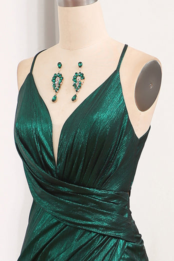 Dark Green Spaghetti Straps Mermaid Long Prom Dress with Slit