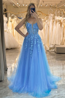 Load image into Gallery viewer, A-Line Spaghetti Straps Blue Tulle Long Prom Dress With Appliques