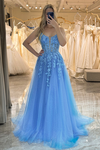A-Line Spaghetti Straps Blue Tulle Long Prom Dress With Appliques