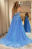 Load image into Gallery viewer, A-Line Spaghetti Straps Blue Tulle Long Prom Dress With Appliques