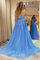 Load image into Gallery viewer, A-Line Spaghetti Straps Blue Tulle Long Prom Dress With Appliques