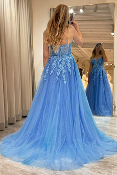 A-Line Spaghetti Straps Blue Tulle Long Prom Dress With Appliques