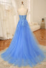 Load image into Gallery viewer, Blue A-Line Spaghetti Straps Tulle Long Prom Dress With Appliques