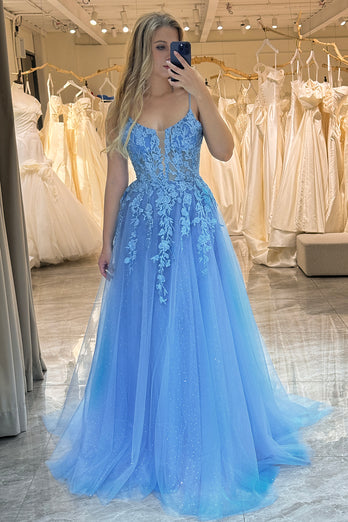A-Line Spaghetti Straps Blue Tulle Long Prom Dress With Appliques
