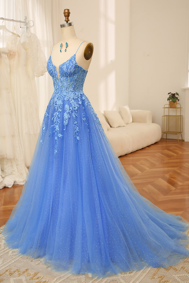 Load image into Gallery viewer, Blue A-Line Spaghetti Straps Tulle Long Prom Dress With Appliques