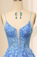 Load image into Gallery viewer, Blue A-Line Spaghetti Straps Tulle Long Prom Dress With Appliques
