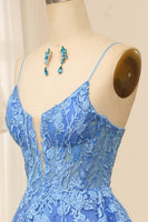 Load image into Gallery viewer, Blue A-Line Spaghetti Straps Tulle Long Prom Dress With Appliques