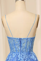 Load image into Gallery viewer, Blue A-Line Spaghetti Straps Tulle Long Prom Dress With Appliques