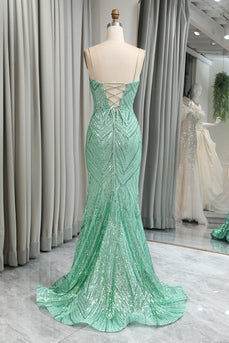Sparkly Mermaid Spaghetti Straps Sequin Long Prom Dress With Slit
