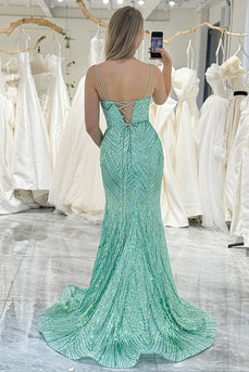 Sparkly Green Mermaid Spaghetti Straps Sequin Long Prom Dress With Slit