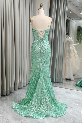 Sparkly Mermaid Spaghetti Straps Sequin Long Prom Dress With Slit