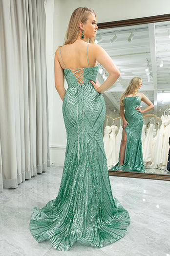 Mermaid Green Spaghetti Straps Sequin Long Prom Dress With Slit