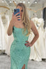 Load image into Gallery viewer, Sparkly Green Mermaid Spaghetti Straps Sequin Long Prom Dress With Slit