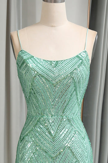 Sparkly Mermaid Spaghetti Straps Sequin Long Prom Dress With Slit