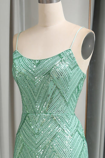 Sparkly Mermaid Spaghetti Straps Sequin Long Prom Dress With Slit