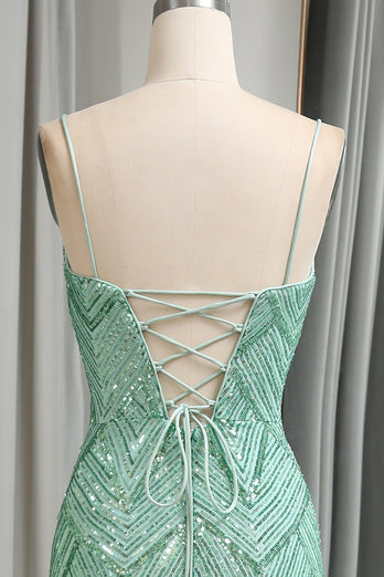 Sparkly Mermaid Spaghetti Straps Sequin Long Prom Dress With Slit