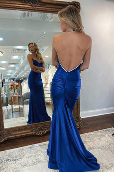 Halter Royal Blue Mermaid Backless Floor-Length Prom Dress with Slit