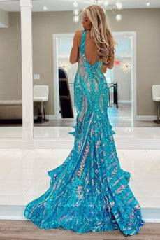 Blue Mermaid Deep V-Neck Long Prom Dress with Sequins
