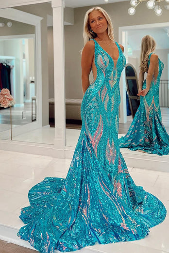 Purple Mermaid Deep V-Neck Long Prom Dress with Sequins
