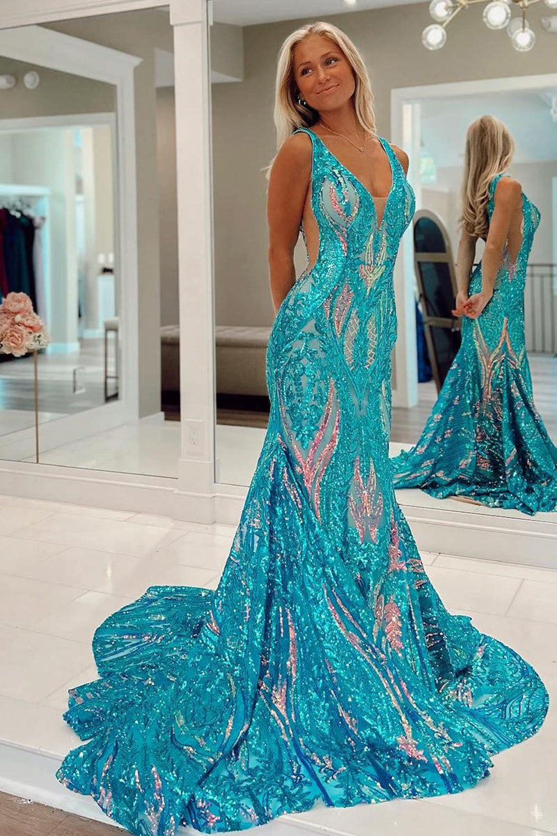 Load image into Gallery viewer, Purple Mermaid Deep V-Neck Long Prom Dress with Sequins