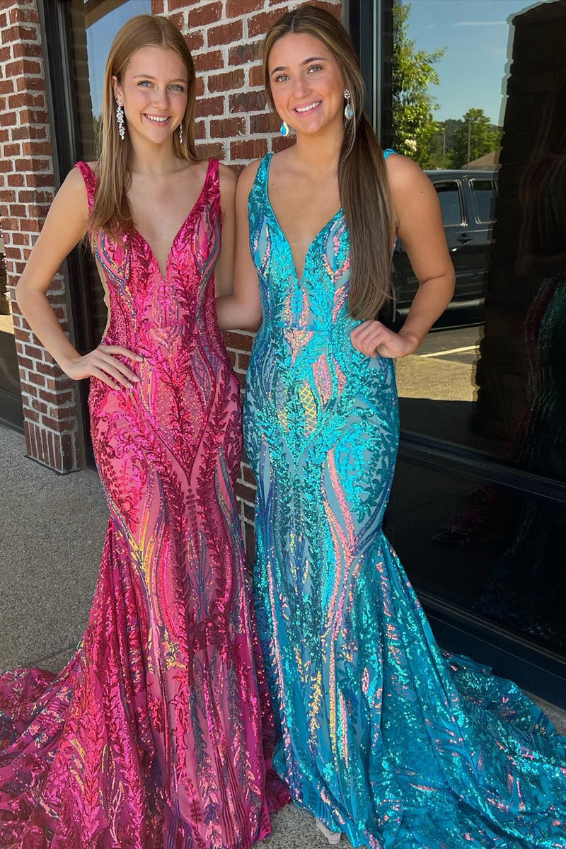 Load image into Gallery viewer, Purple Mermaid Deep V-Neck Long Prom Dress with Sequins