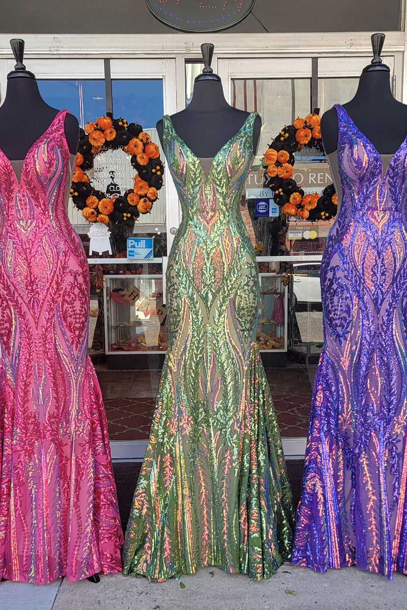 Load image into Gallery viewer, Purple Mermaid Deep V-Neck Long Prom Dress with Sequins