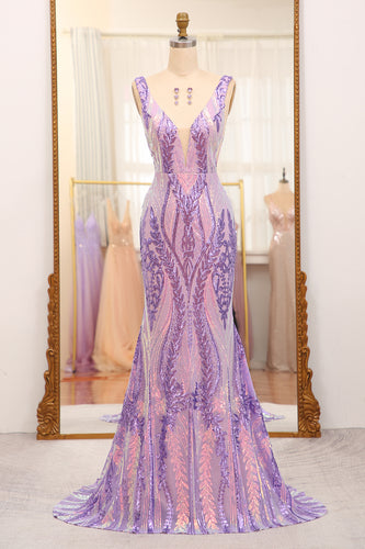 Mermaid Purple Deep V-Neck Long Prom Dress with Sequins