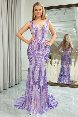Mermaid Deep V-Neck Purple Long Prom Dress with Sequins