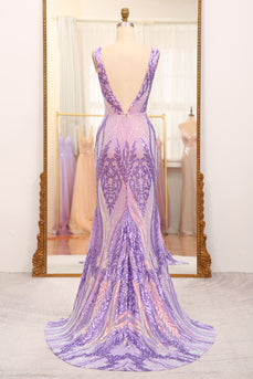 Mermaid Purple Deep V-Neck Long Prom Dress with Sequins