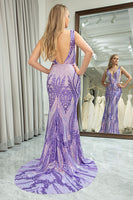 Load image into Gallery viewer, Mermaid Deep V-Neck Purple Long Prom Dress with Sequins