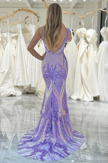 Purple Mermaid Deep V-Neck Long Prom Dress with Sequins