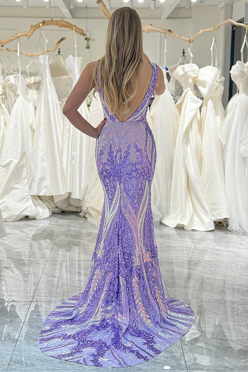 Load image into Gallery viewer, Purple Mermaid Deep V-Neck Long Prom Dress with Sequins