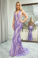 Load image into Gallery viewer, Mermaid Deep V-Neck Purple Long Prom Dress with Sequins