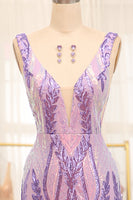 Load image into Gallery viewer, Mermaid Purple Deep V-Neck Long Prom Dress with Sequins