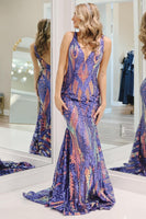 Load image into Gallery viewer, Blue Mermaid Deep V-Neck Long Prom Dress with Sequins