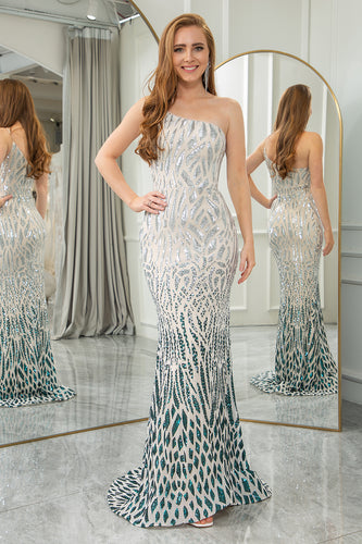 Sparkly Dark Green Mermaid One Shoulder Sequin Long Prom Dress