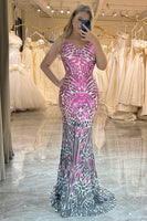 Load image into Gallery viewer, Sparkly Mermaid Purple Long Backless Sequin Prom Dress