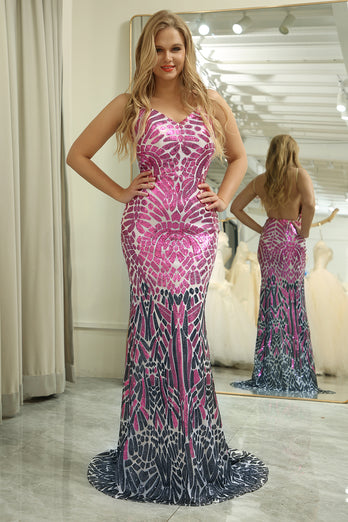 Purple Sparkly Mermaid Long Backless Sequin Prom Dress