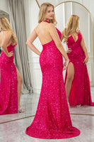 Load image into Gallery viewer, Fuchsia Mermaid Halter Neck Backless Sequin Prom Dress With Slit